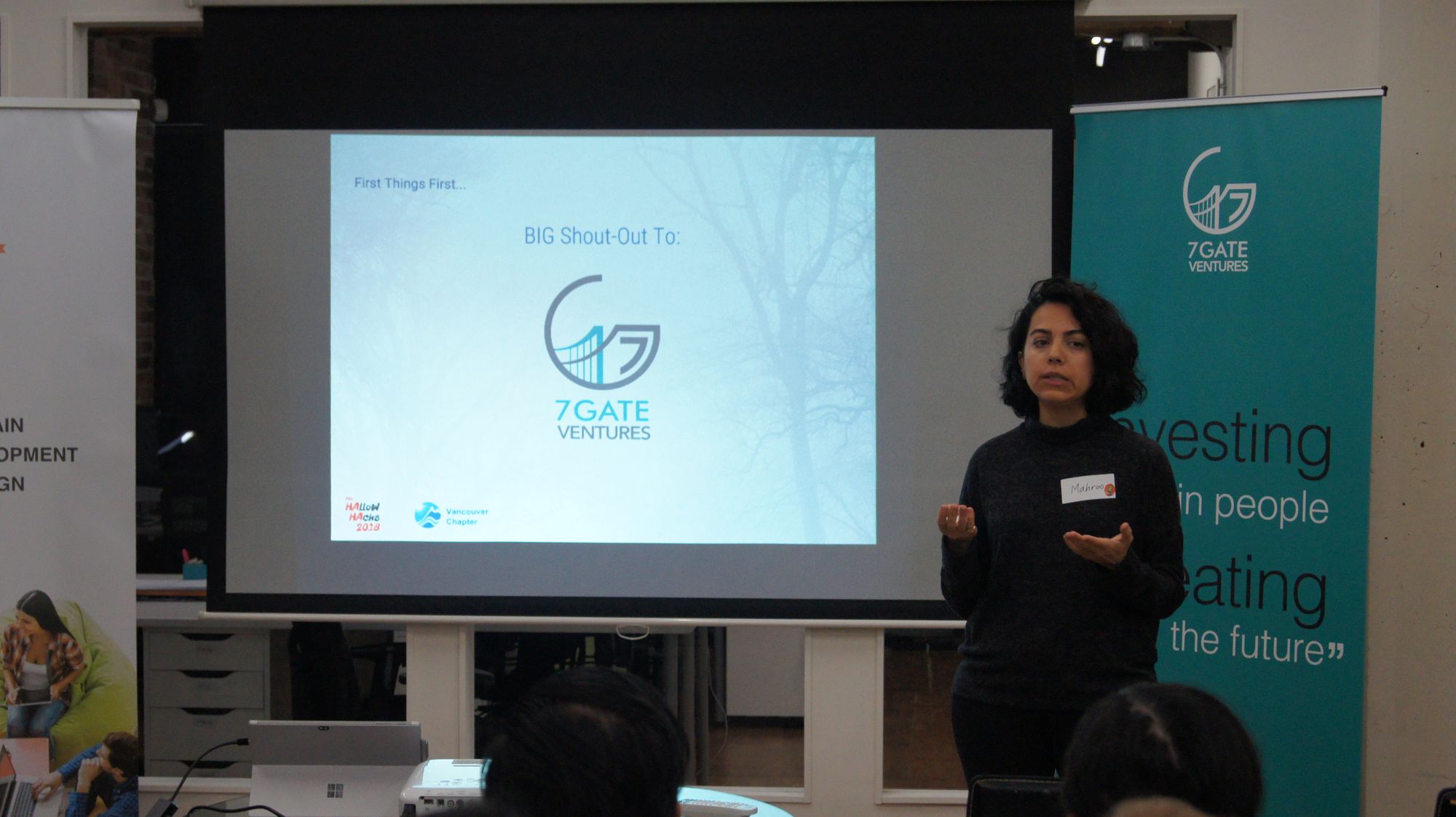 Mahroo gives her welcoming remarks on behalf of 7Gate Ventures.